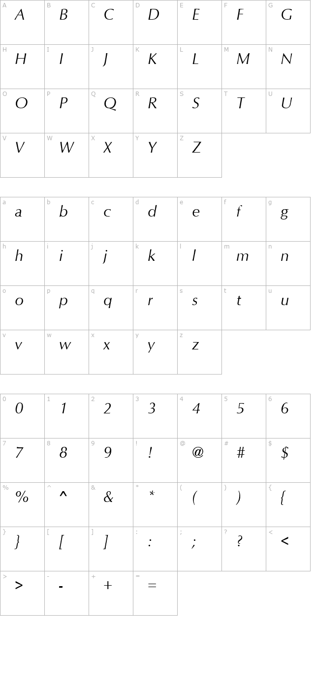 Opus Italic character map