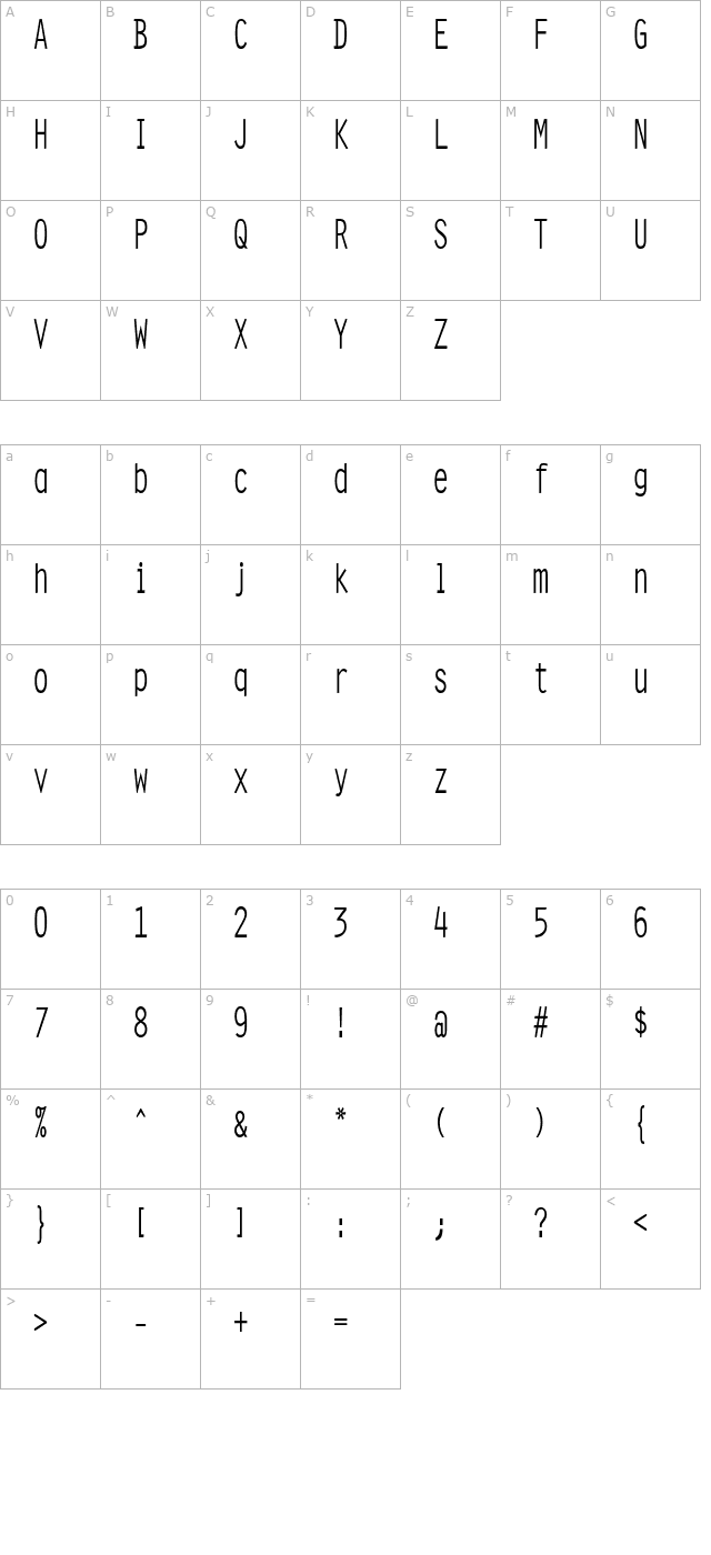 oratorcondensed character map