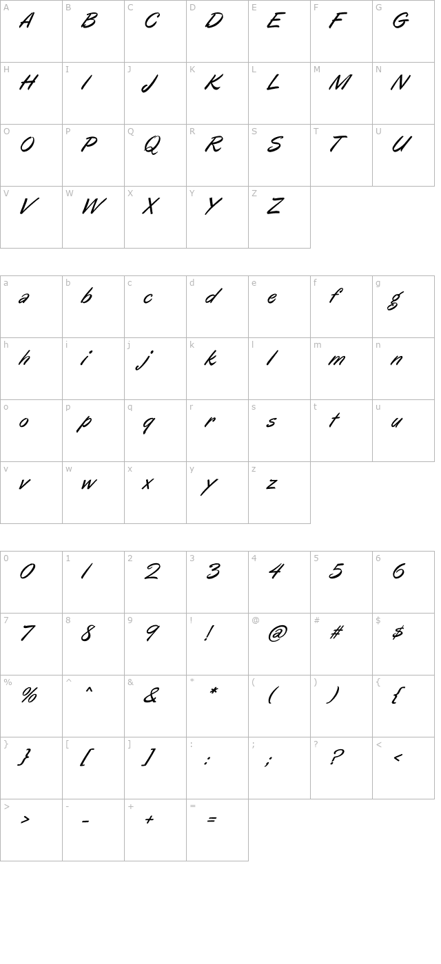 Oregano Italic character map