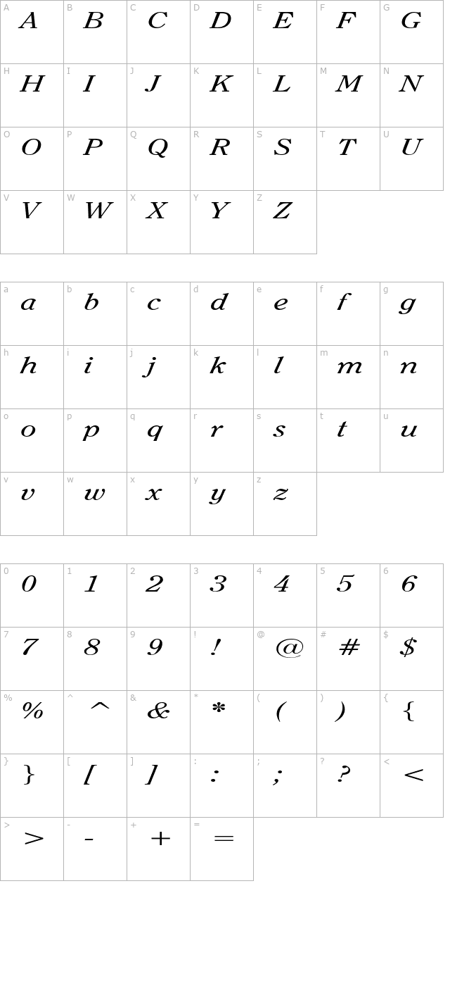 OxfordExtended Italic character map