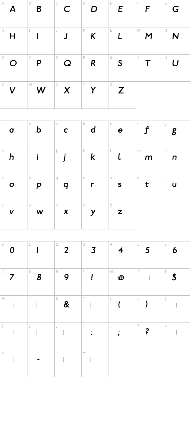 Paddington Italic character map