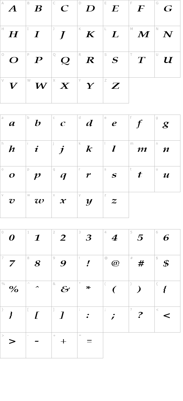 PalisadeBroad Bold Italic character map