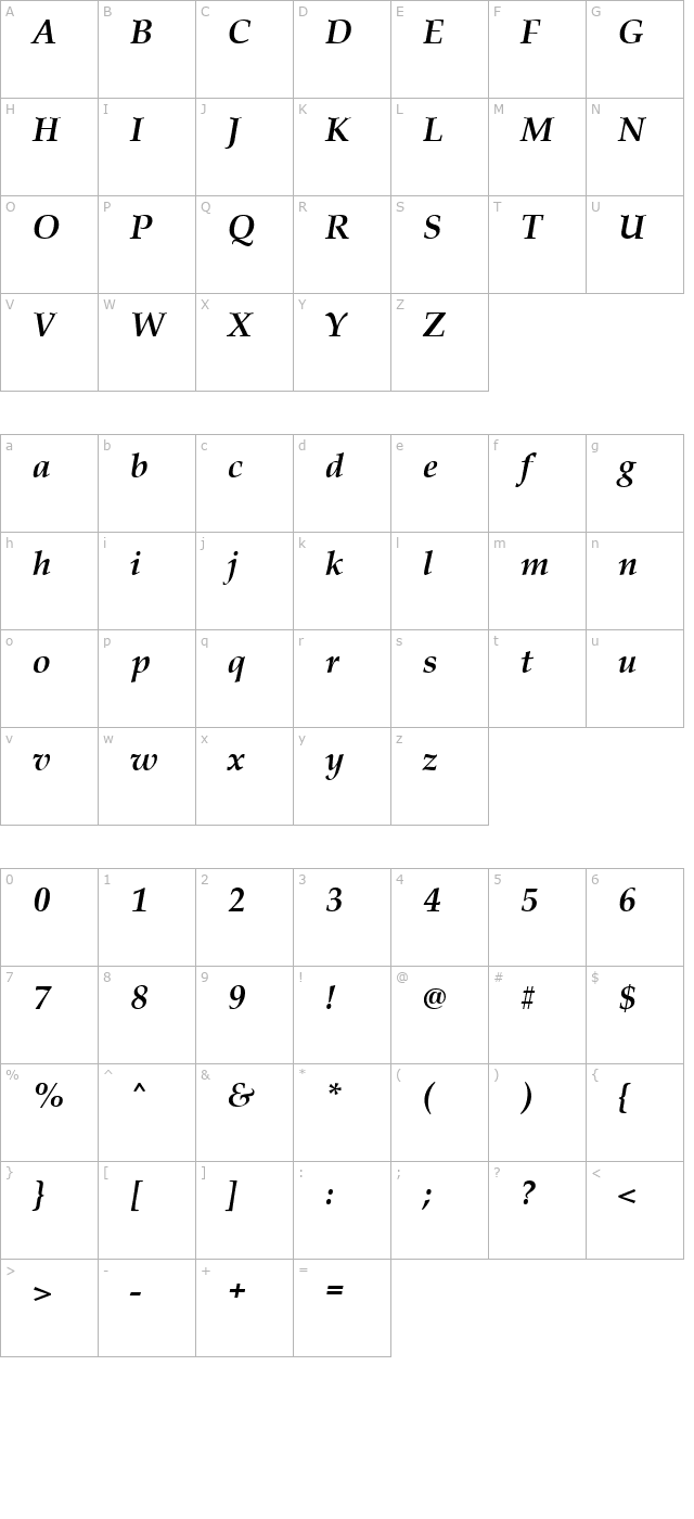 Palladius Bold Italic character map
