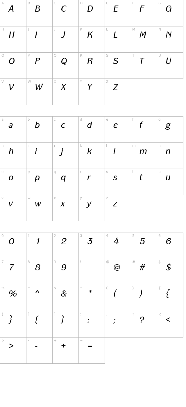 panacheitc-bookitalic character map