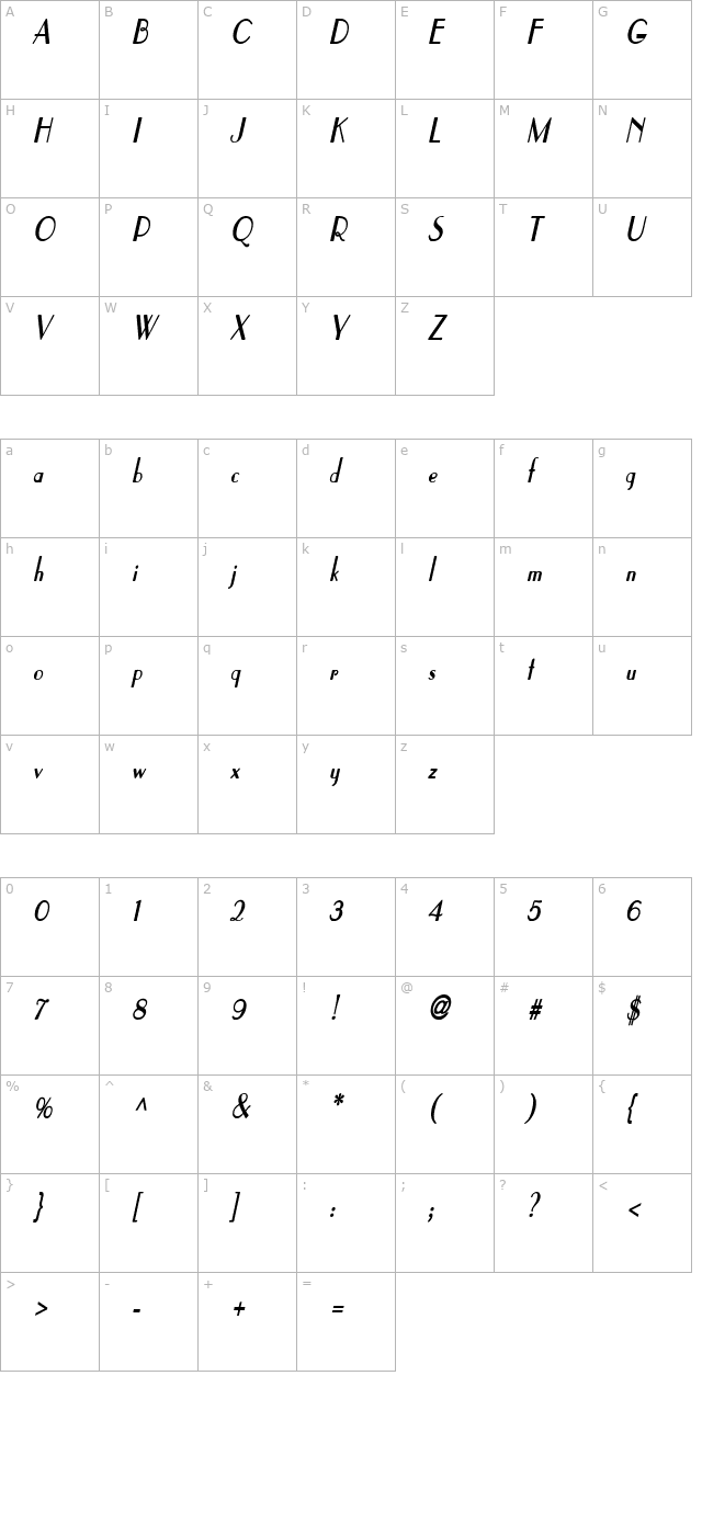 Paris Condensed Bold Italic character map