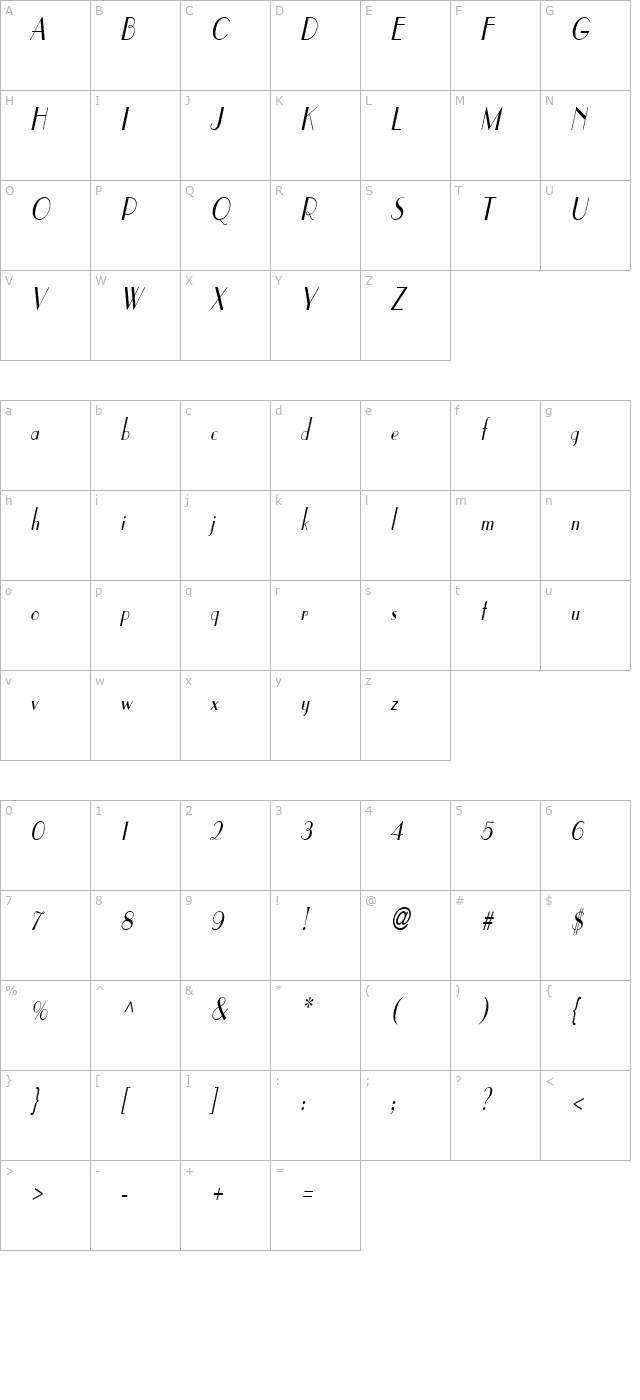 Paris Condensed Italic character map