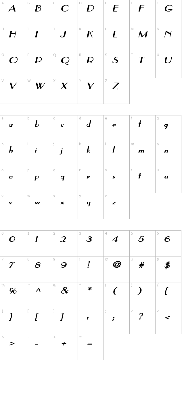 Paris Wide Bold Italic character map