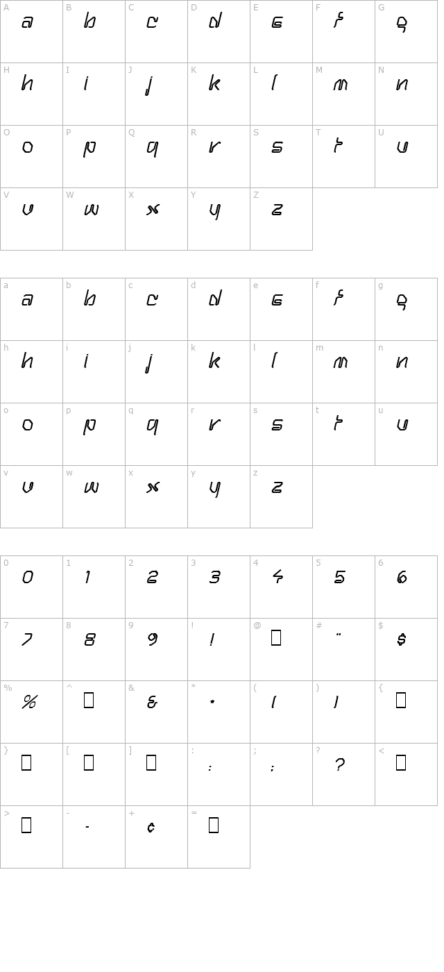 Pasty Oblique character map