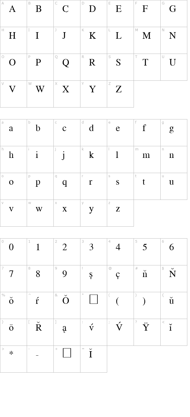 PCATimes Regular character map