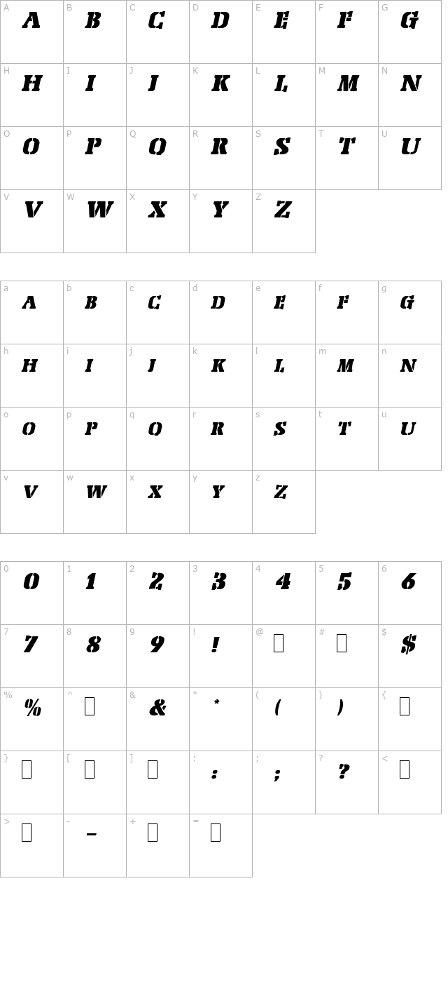 PeachCaps Oblique character map