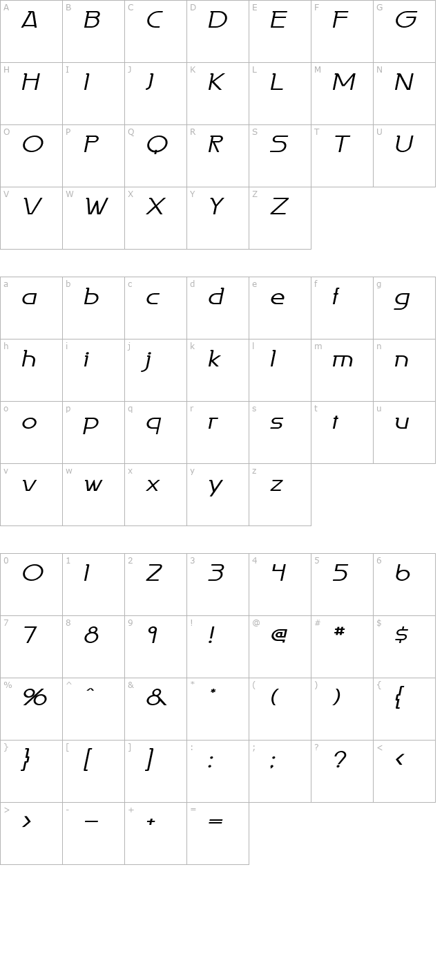 persia-wide-italic character map