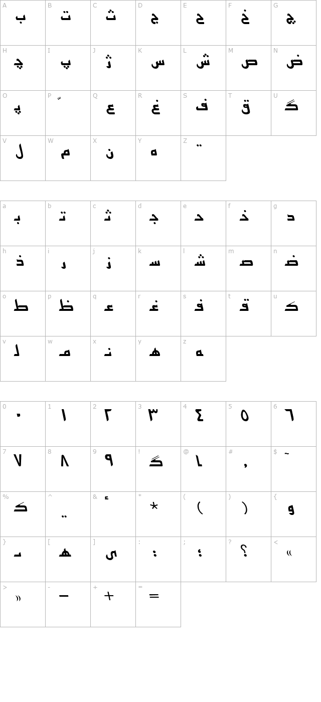 Persian7KufiSSK Italic character map