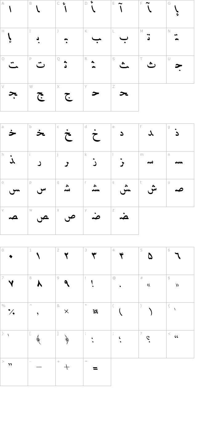 PersianLotosSSK Italic character map