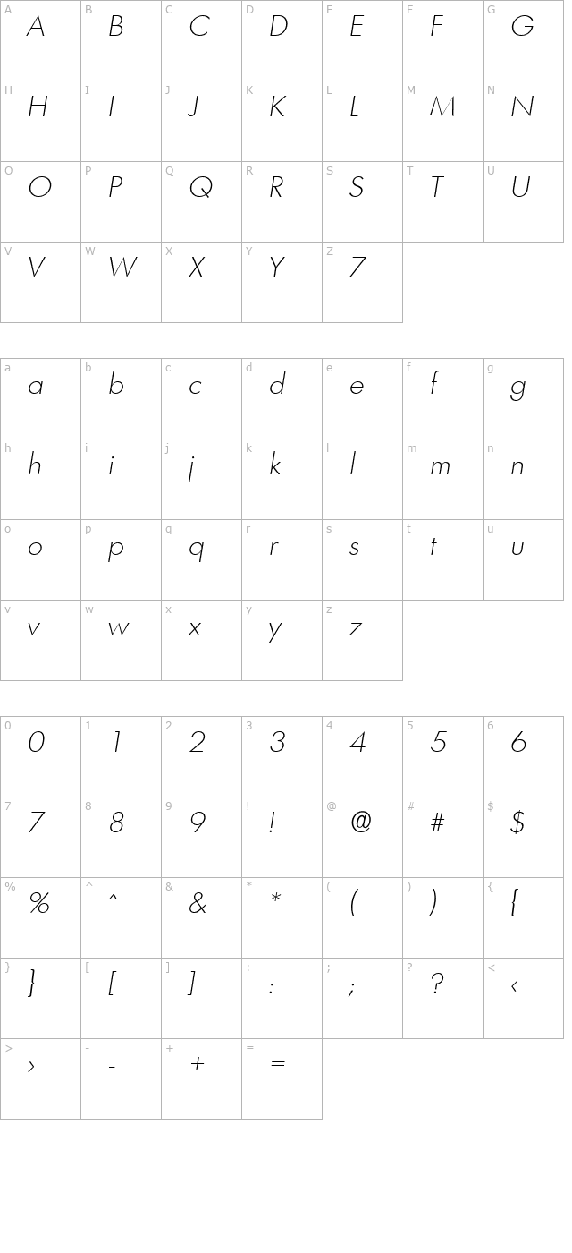 PeterBecker-ExtraLight Italic character map