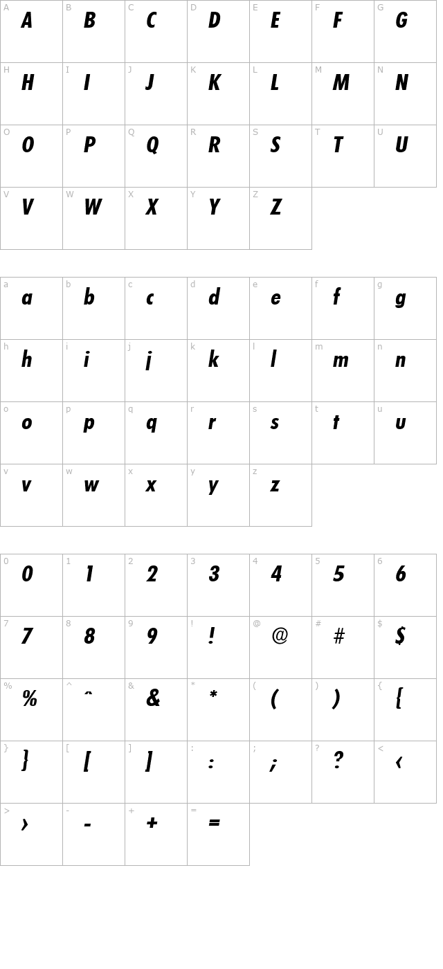 PeterBeckerCond Bold Italic character map