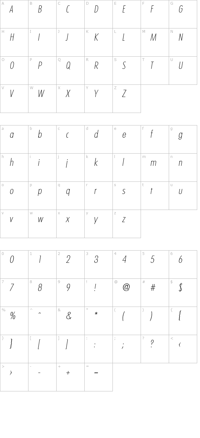 peterbeckercond-extralight-italic character map