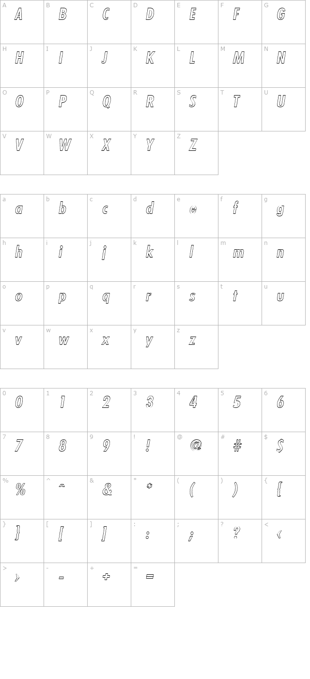 PeterBeckerCondOutline-Medium-Italic character map