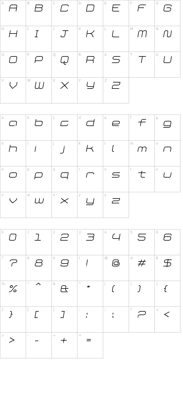 PhantomLight Italic character map