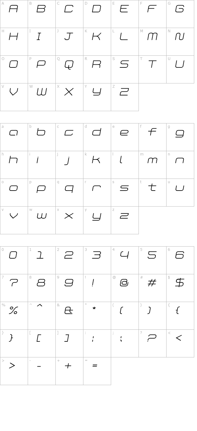 PhatLightItalic character map