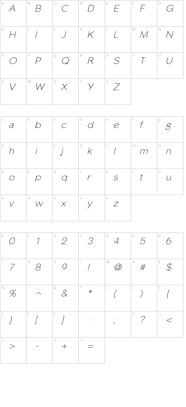 phinster-fine-italic character map