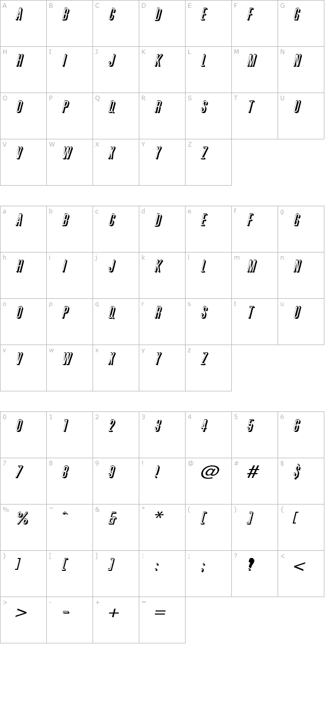 phoenix-wide-italic character map