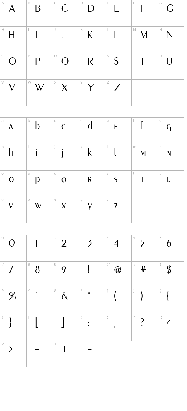 Piano Light Regular character map