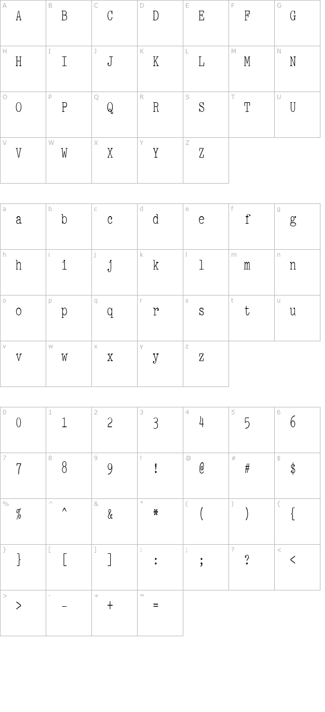 PicaCondensed character map