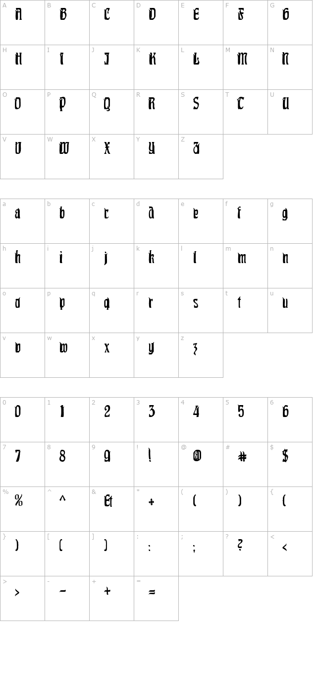 pittoresk-condensed character map