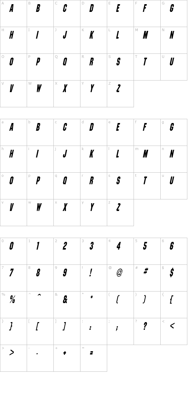 pittsburghcondensed-oblique character map