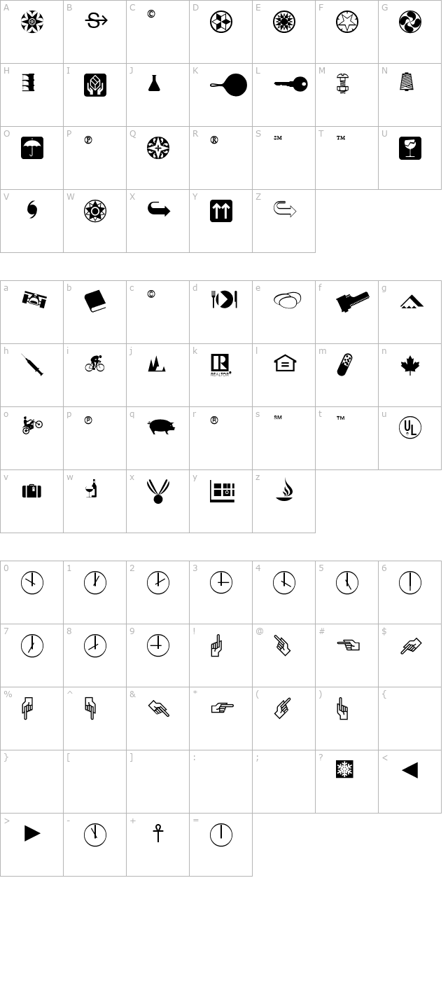 PIXymbolsDingbatsItalic character map