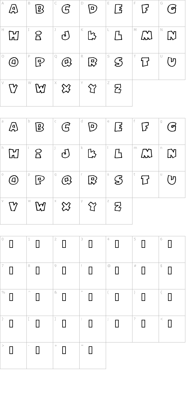 Pizzadude Fat Outline character map