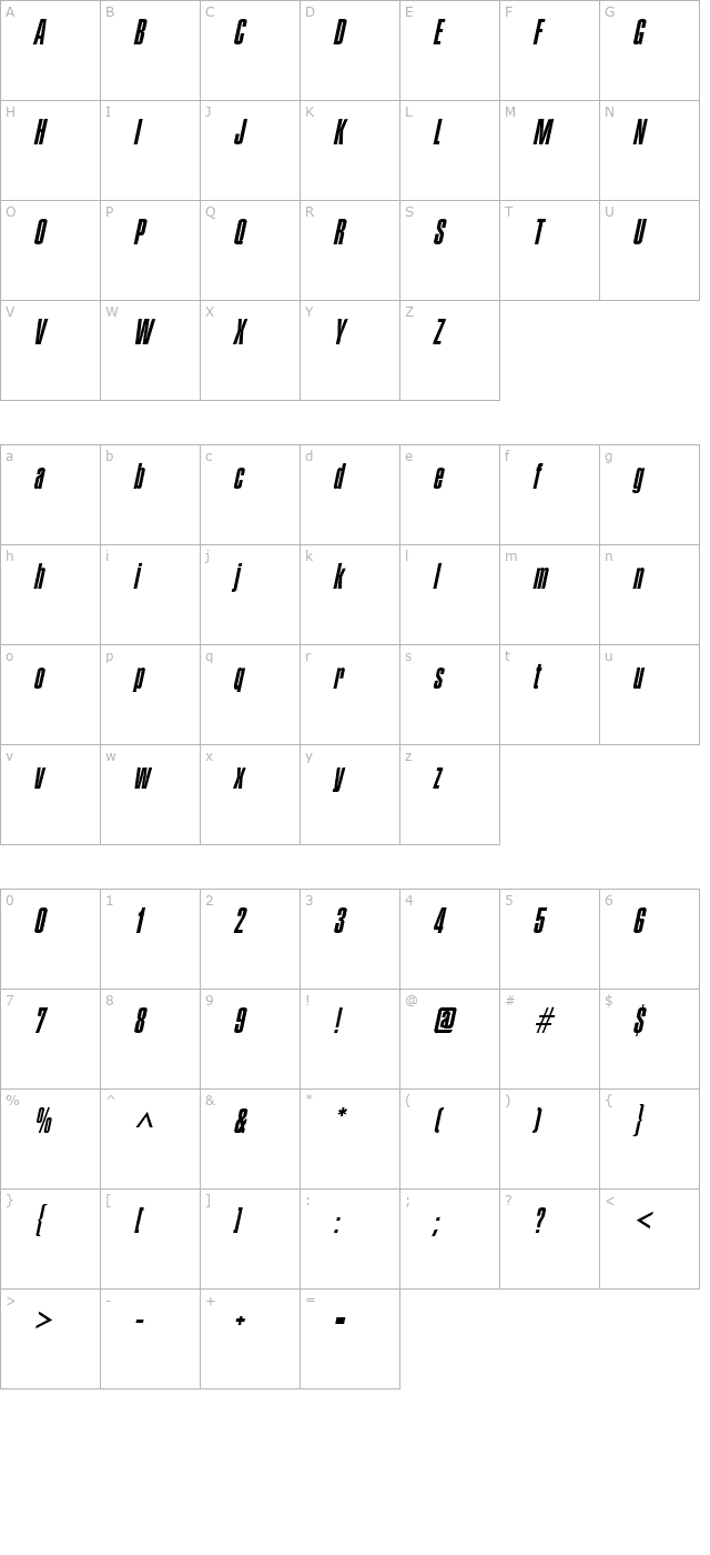 Pledge Italic character map