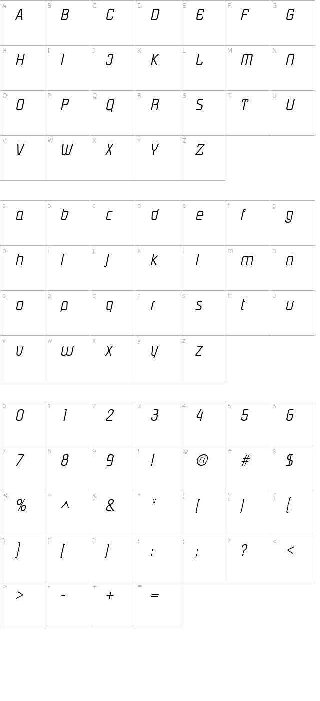 PloverLight Italic character map