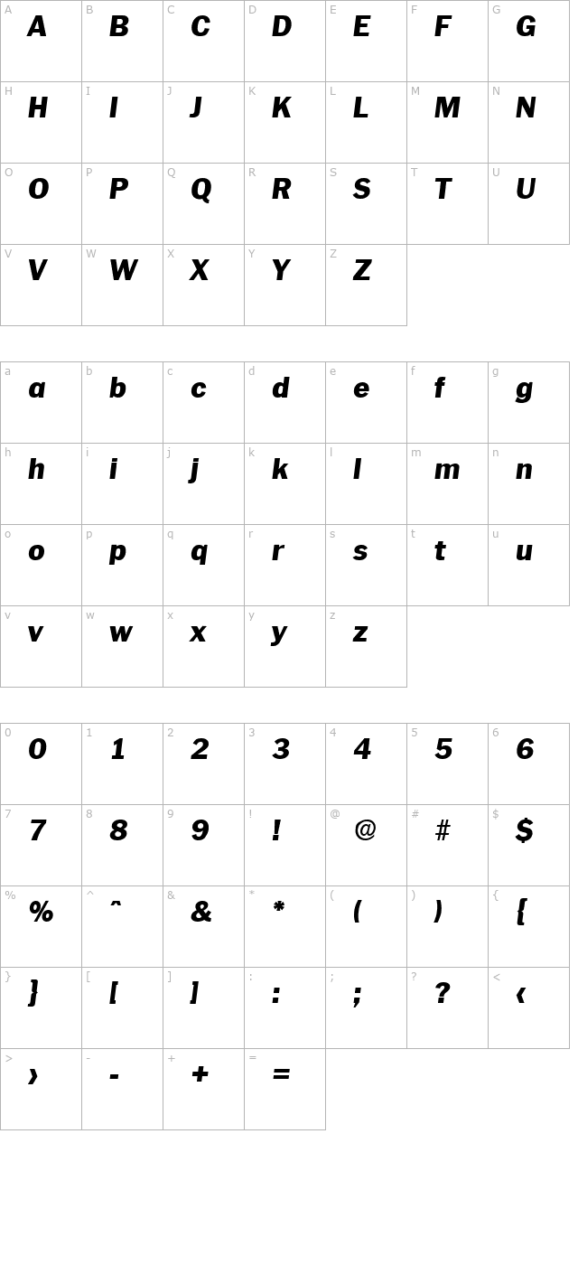 Plymouth-ExtraBoldIta character map