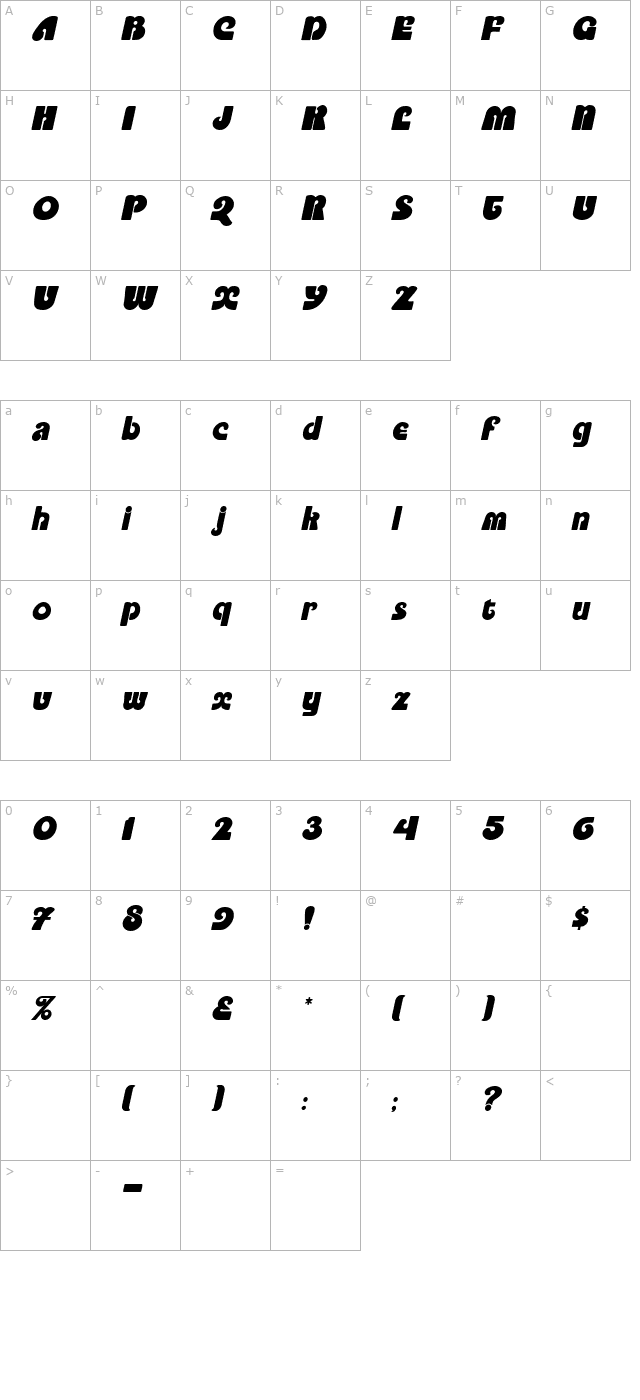 PookyDisplay Italic character map