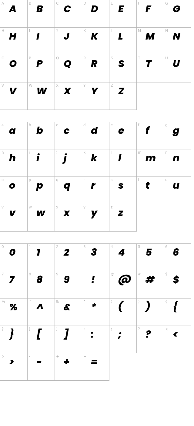 Poppins ExtraBold Italic character map