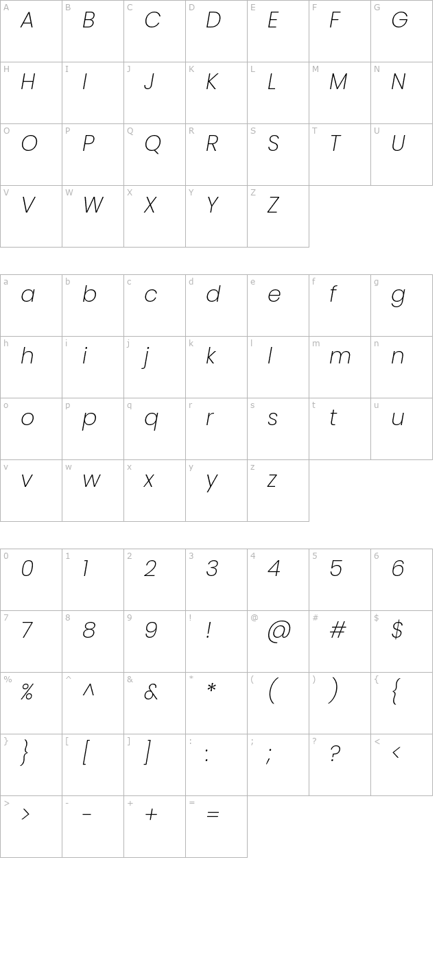 Poppins ExtraLight Italic character map