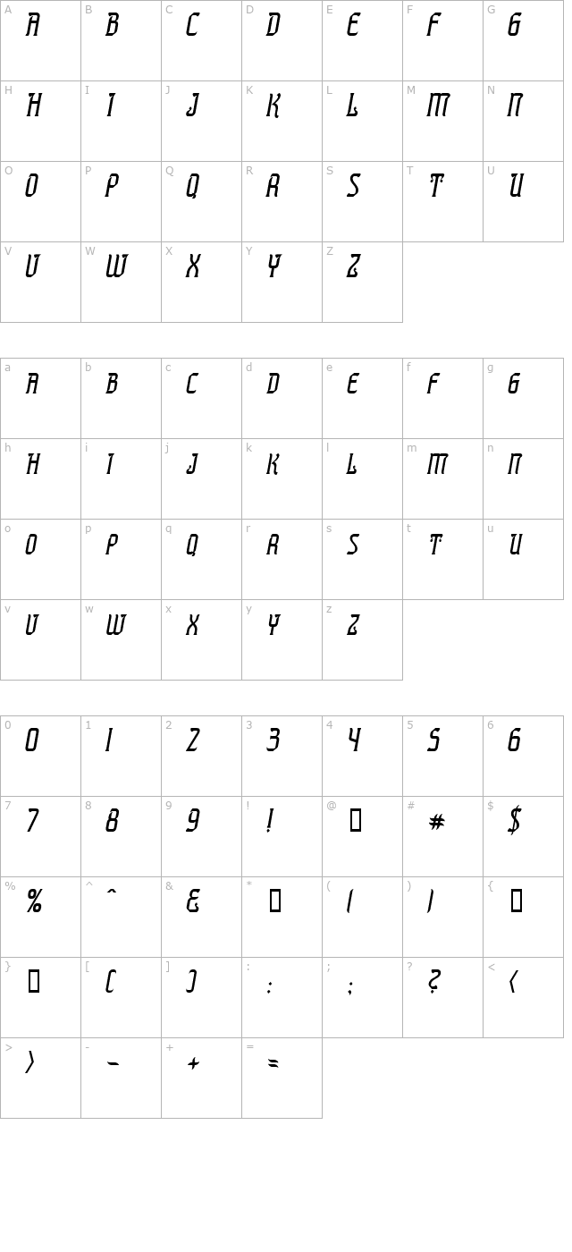 Presidente Tequila Italic character map