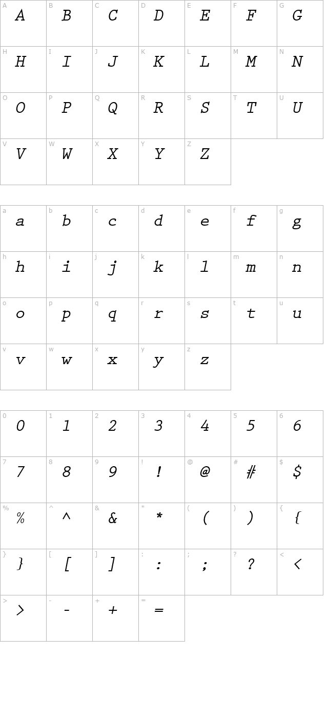 Prestige_Becker_Bold_Oblique character map