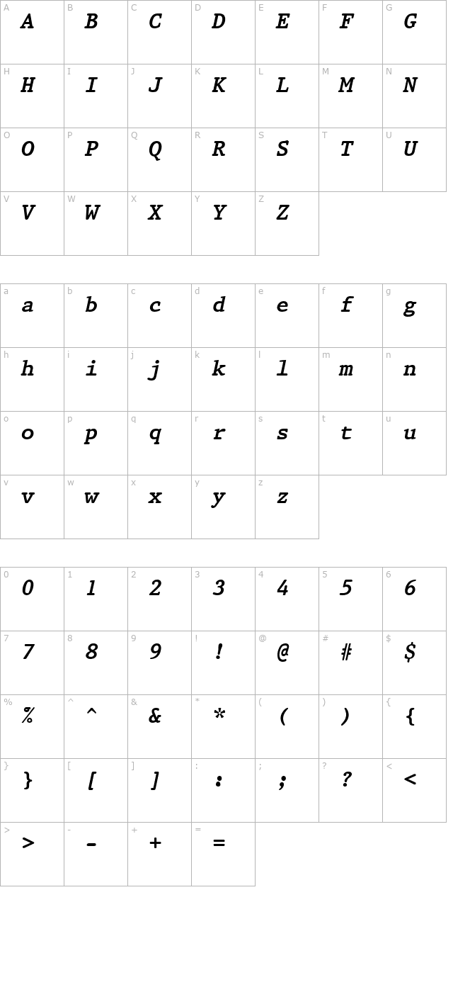 prestige-bold-oblique character map