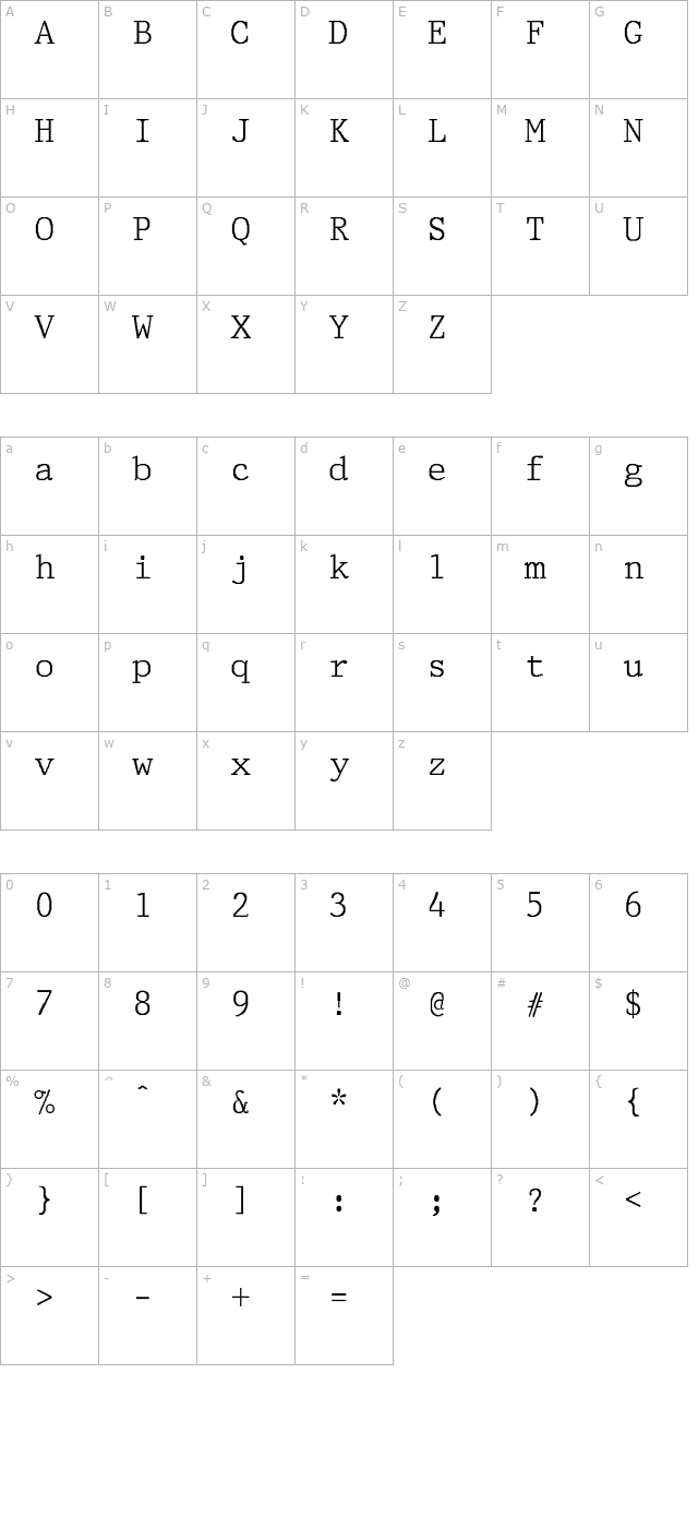 PrestigePica-Normal character map