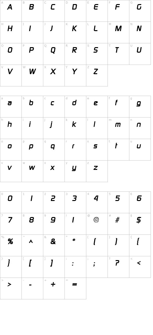 Prisoner SF Bold Italic character map