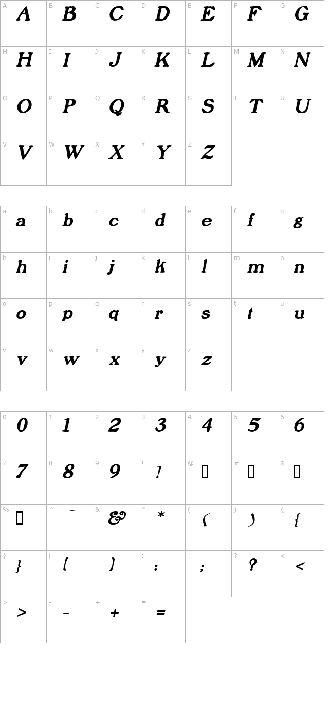 Prophet BoldItalic character map