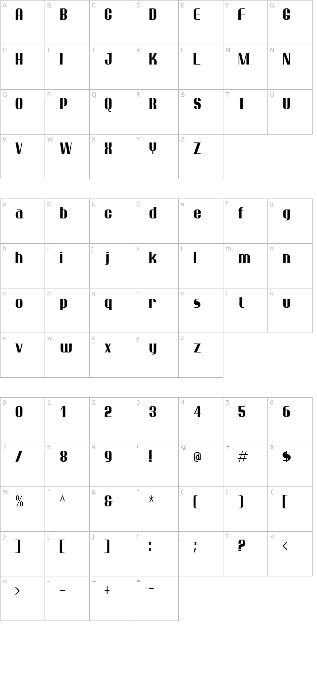 Ptarmigan Condensed character map