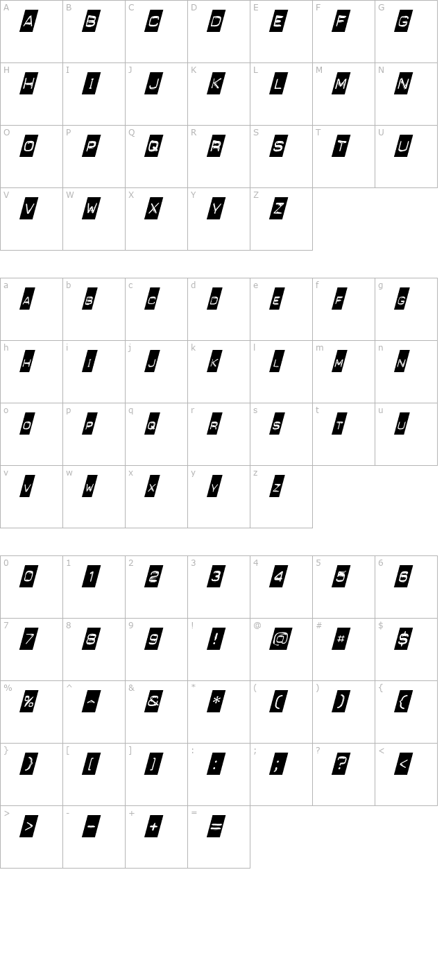 PunchLabel Italic character map