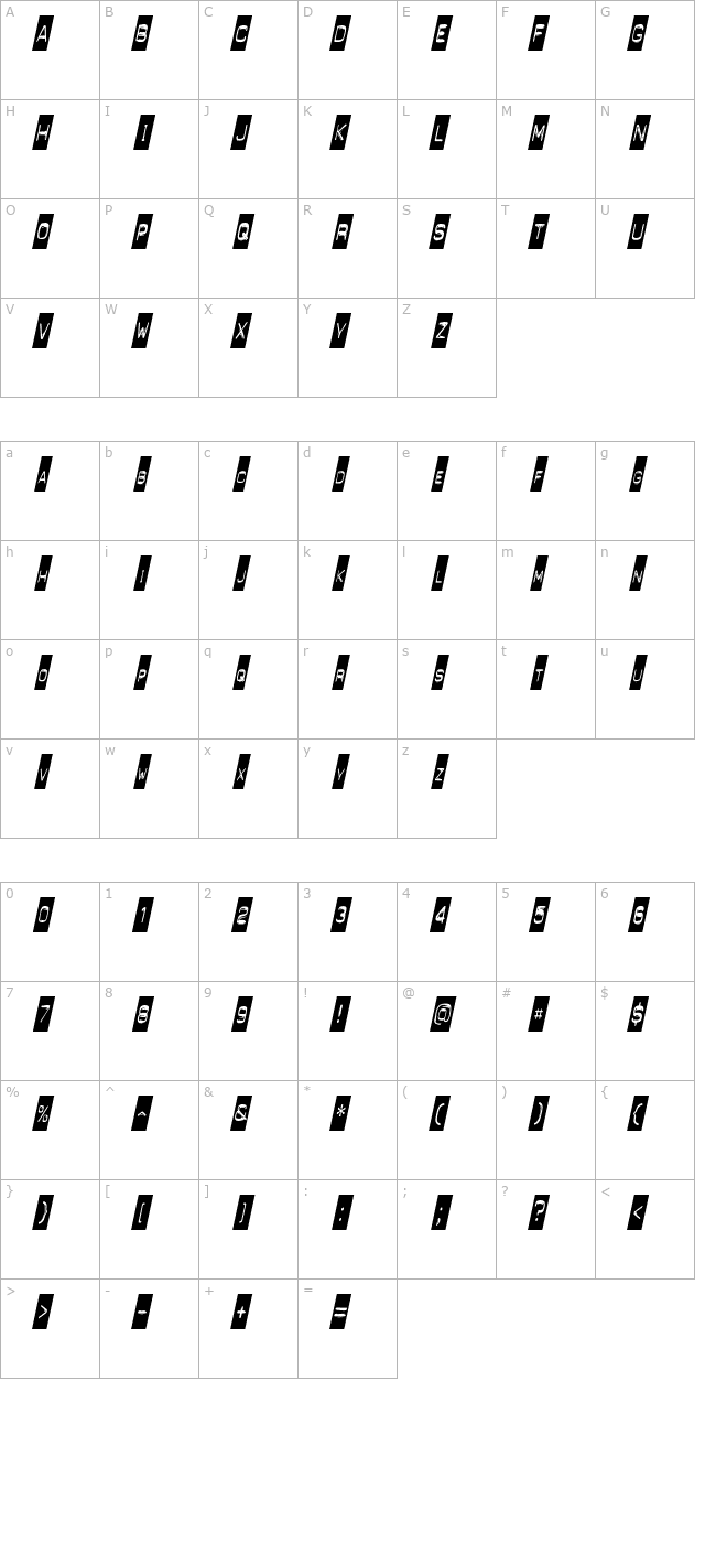 punchlabelcondensed-italic character map