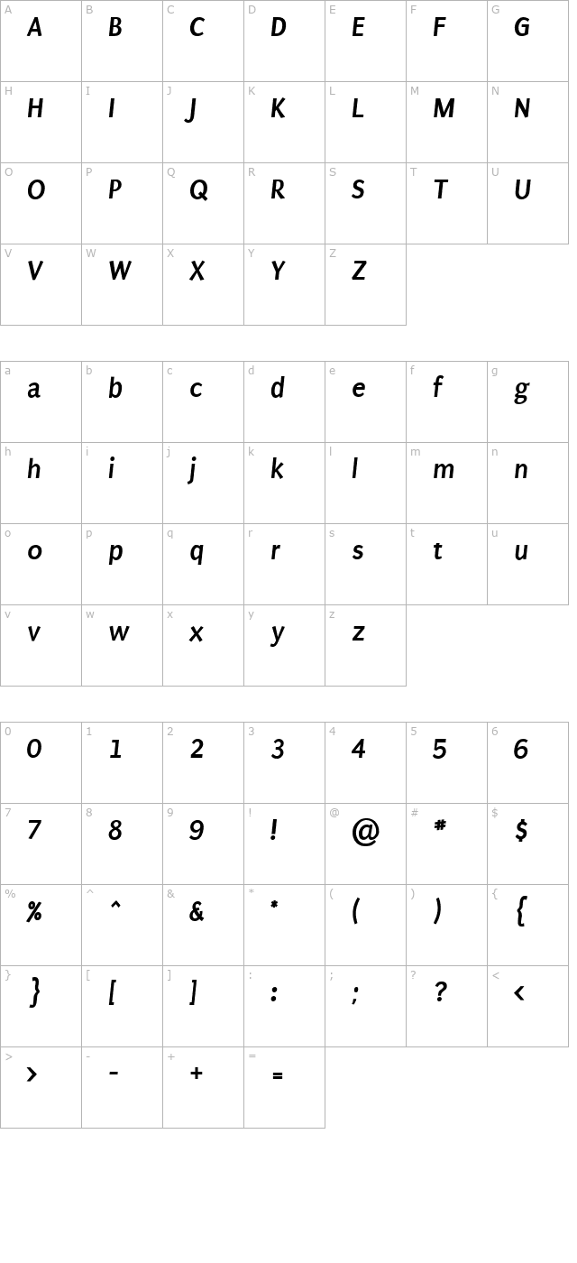 Puritan Bold Italic character map