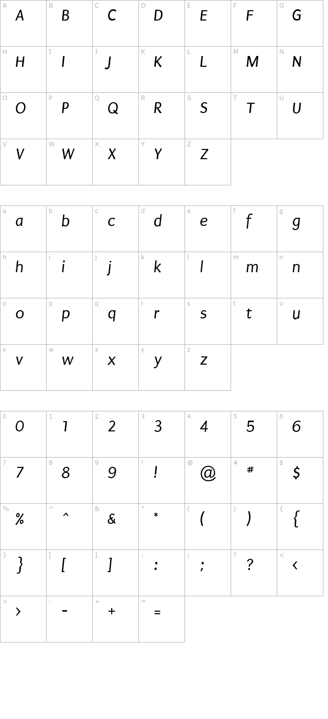 puritan-italic character map