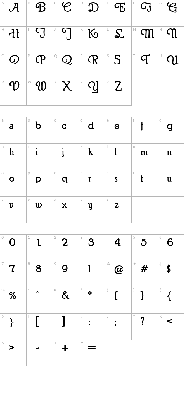 puritanswash-bold character map