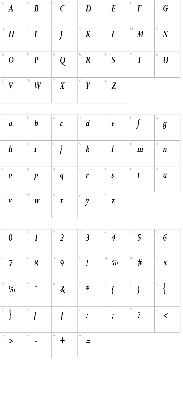 PurloinCondensed Bold Italic character map